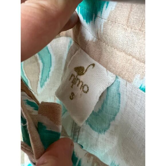 Nimo with Love Ikat Tan Turquoise Linen Pants Sz. S - Picture 3 of 4